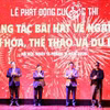 Các đại biểu phát động Cuộc thi Sáng tác bài hát về ngành Văn hóa, Thể thao và Du lịch. (Ảnh: Phạm Sỹ/Vietnam+)