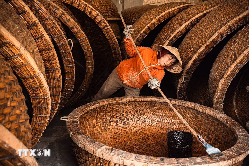Kỹ thuật chống thấm bằng phân bò tươi và nhựa dầu rái được truyền lại từ đời cha ông, giúp thúng có màu đẹp chống mối mọt. Lớp chống thấm đặc biệt này có thể dùng trong môi trường nước biển 4-5 năm. (Ảnh: Khánh Hòa/TTXVN)