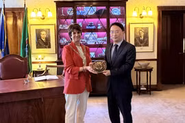 Đại sứ Việt Nam tại Ireland Phạm Toàn Thắng chào xã giao Phó Thị trưởng thành phố Cork, bà Margaret McDonnell. (Ảnh: TTXVN phát)