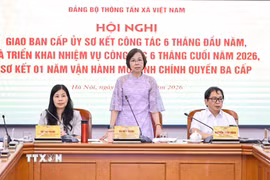 Đồng chí Vũ Việt Trang, Ủy viên Ban Thường vụ Đảng ủy các cơ quan Đảng Trung ương, Bí thư Đảng ủy, Tổng Giám đốc TTXVN, Phó Trưởng Ban Tuyên giáo và Dân vận Trung ương điều hành hội nghị. (Ảnh: Minh Đức/TTXVN)