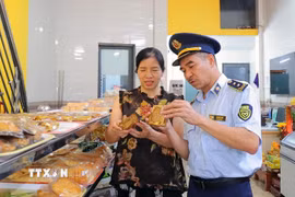 Lực lượng Quản lý thị trường kiểm tra nhãn mác trên các sản phẩm bánh Trung thu lưu thông trên thị trường. (Ảnh: Hữu Quyết/TTXVN)