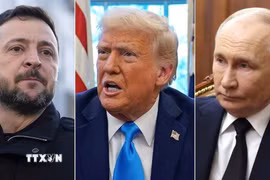 (Từ trái sang) Tổng thống Ukraine Volodymyr Zelensky, Tổng thống Mỹ Donald Trump và Tổng thống Nga Vladimir Putin. (Ảnh: AP/TTXVN)