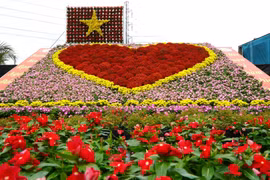 Tiểu cảnh “Trái tim” kết hợp cùng cờ đỏ, sao vàng được xếp hình từ khoảng 1.700 chậu hoa tươi các loại. (Ảnh: Nhựt An/TTXVN)