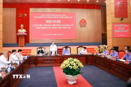Chủ tịch Quốc hội Trần Thanh Mẫn, Trưởng Đoàn kiểm tra, giám sát số 11 của Bộ Chính trị phát biểu. (Ảnh: Doãn Tấn/TTXVN)