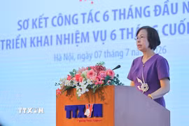 Đồng chí Vũ Việt Trang, Ủy viên Ban Thường vụ Đảng ủy các cơ quan Đảng Trung ương, Bí thư Đảng ủy, Tổng Giám đốc TTXVN, Phó Trưởng Ban Tuyên giáo và Dân vận Trung ương phát biểu khai mạc Hội nghị. (Ảnh: Lê Đông/TTXVN)