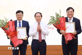 Phó Thủ tướng Lê Tiến Châu trao quyết định và chúc mừng ông Phạm Thành Ngại và Nguyễn Thanh Tuấn được Đảng, Nhà nước tin tưởng bổ nhiệm giữ chức Phó Tổng Thanh tra Chính phủ. (Ảnh: Văn Điệp/TTXVN)
