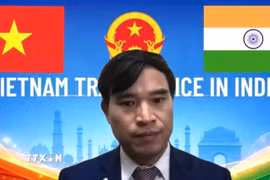 Tham tán Thương mại Việt Nam tại Ấn Độ Bùi Trung Thướng phát biểu khai mạc hội thảo. (Ảnh: Ngọc Thúy/TTXVN)