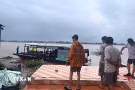 Sạt lở bờ sông Tiền thuộc ấp Tân Quới, xã Tân Long, tỉnh Đồng Tháp làm 4 căn nhà của người dân đổ sụp xuống sông. (Ảnh: TTXVN phát)