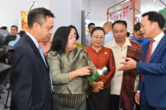 Các đại biểu tham quan các sản phẩm được giới thiệu tại “Tuần lễ sản phẩm Việt-Lào". (Ảnh: CTV/Vietnam+)