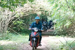 Do diện tích rừng được quản lý rộng lớn nên Đội bảo vệ rừng Hàm Cần 3 (xã Hàm Thạnh, tỉnh Lâm Đồng) tận dụng xe máy di chuyển các khu vực đường bằng. (Ảnh: Nguyễn Thanh/TTXVN)