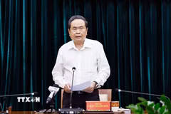 Ủy viên Bộ Chính trị, Chủ tịch Quốc hội Trần Thanh Mẫn, Trưởng Đoàn kiểm tra, giám sát số 220 của Bộ Chính trị phát biểu. (Ảnh: Doãn Tấn/TTXVN)