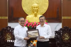 Chủ tịch UBND thành phố Cần Thơ Trương Cảnh Tuyên (phải) tặng quà cho Đại sứ Đặc mệnh Toàn quyền nước Cộng hòa Philippines tại Việt Nam Francisco Noel R. Fernandez III. (Ảnh: Nguyễn Hằng/TTXVN)