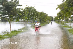 Nhiều đoạn đường dân sinh trên địa bàn các xã Diễn Châu, Đức Châu, An Châu (Nghệ An) bị ngập sâu trong nước khiến việc tham gia giao thông của người dân gặp nhiều khó khăn. (Ảnh: Xuân Tiến/TTXVN)