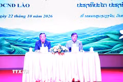 Đại sứ Việt Nam tại Lào Nguyễn Minh Tâm (trái) và Thứ trưởng Bộ Nông nghiệp và môi trường Lào Xaynakhon Inthavong đồng chủ trì Hội nghị. (Ảnh: Xuân Tú/TTXVN)