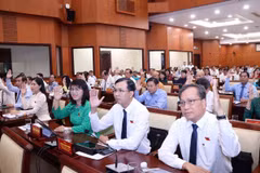 Các đại biểu biểu quyết thông qua các Nghị quyết của Kỳ họp. (Ảnh: Xuân Khu/TTXVN)