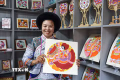 Tranh vẽ của các "họa sĩ nông dân" được trưng bày tại huyện Thủy Thành, tỉnh Quý Châu, Trung Quốc. (Ảnh: THX/TTXVN phát)