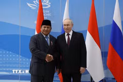 Tổng thống Indonesia Prabowo Subianto và Tổng thống Nga Vladimir Putin tại Diễn đàn Kinh tế phương Đông lần thứ 11 ở Vladivostok, Nga. (Ảnh: TTXVN phát)