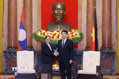 Chủ tịch nước Lương Cường tiếp Phó Chủ tịch nước Lào Pany Yathotou. (Ảnh: Lâm Khánh/TTXVN)