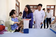 Phó Chủ tịch nước Võ Thị Ánh Xuân tặng quà Trung thu cho các bệnh nhi, trẻ khuyết tật đang điều trị tại Bệnh viện Phục hồi chức năng tỉnh Tuyên Quang. (Ảnh: Quang Cường/TTXVN)