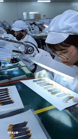 Dây chuyền kiểm tra bảng mạch điện tử tại một doanh nghiệp của Hàn Quốc tại khu công nghiệp Yên Phong (Bắc Ninh). (Ảnh: Danh Lam/TTXVN)