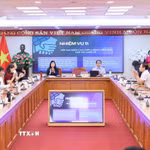 Đồng chí Vũ Việt Trang, Ủy viên Ban Thường vụ Đảng ủy các cơ quan Đảng Trung ương, Bí thư Đảng ủy, Tổng Giám đốc Thông tấn xã Việt Nam, Phó Trưởng ban Tuyên giáo Trung ương kết luận và chỉ đạo hội nghị. (Ảnh: An Đăng/TTXVN)