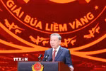 Tổng Bí thư Tô Lâm phát biểu chúc mừng các tác giả, nhóm tác giả và các cơ quan báo chí có tác phẩm đạt giải. (Ảnh: Thống Nhất/TTXVN)