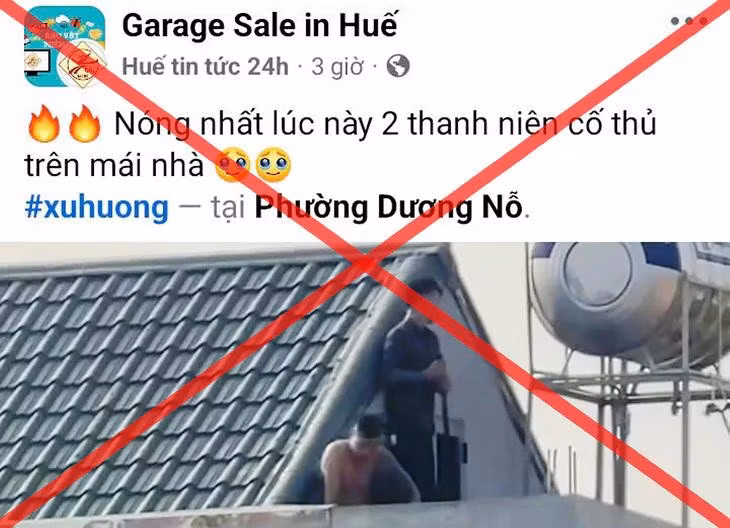 Trang Facebook "Huế tin tức 24h" đăng thông tin clip 2 người cố thủ trên mái nhà ở Thanh Hóa nhưng lại ghi địa điểm ở phường Dương Nỗ, thành phố Huế. (Ảnh chụp màn hình)