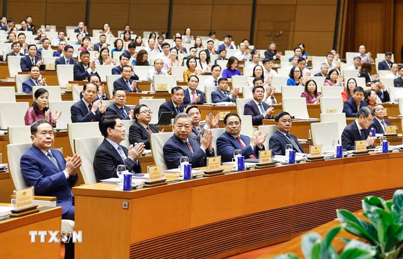 Tổng Bí thư Tô Lâm và các đồng chí lãnh đạo Đảng, Nhà nước dự Hội nghị. (Ảnh: Doãn Tấn/TTXVN)