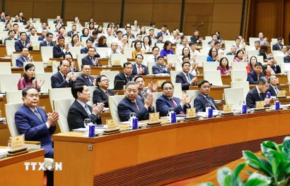 Tổng Bí thư Tô Lâm và các đồng chí lãnh đạo Đảng, Nhà nước dự Hội nghị. (Ảnh: Doãn Tấn/TTXVN)