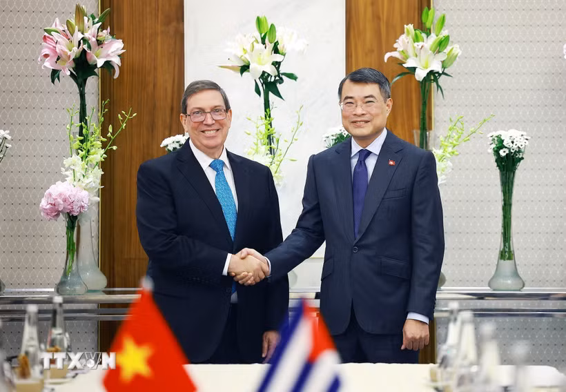 Thủ tướng Lê Minh Hưng tiếp Bộ trưởng Ngoại giao Cuba Bruno Rodríguez Parrilla. (Ảnh: Dương Giang/TTXVN)