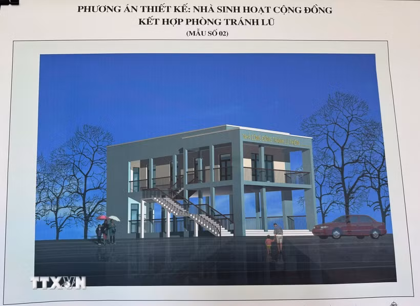Một trong 3 mẫu thiết kế nhà sinh hoạt cộng đồng kết hợp phòng tránh lũ do Sở Xây dựng tỉnh Đắk Lắk đề xuất thực hiện. (Ảnh: TTXVN phát)