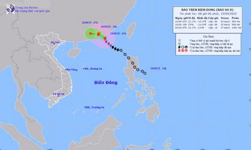Hình ảnh vị trí và đường đi của bão số 8 lúc 7h sáng 19/9/2025. (Nguồn: Trung tâm Dự báo Khí tượng Thủy văn Quốc gia)