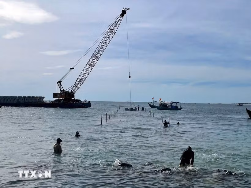 Thi công đê ngầm phá sóng phía ngoài biển Cửa Đại, thành phố Đà Nẵng. (Ảnh: TTXVN phát)