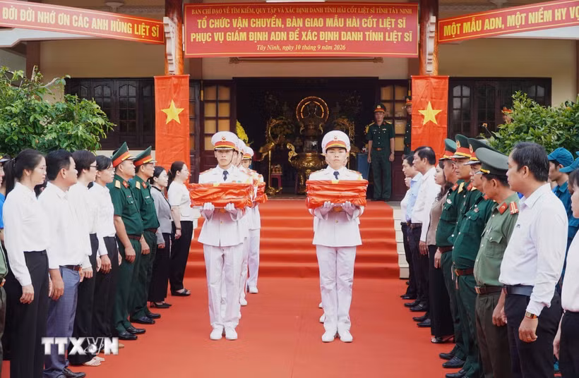 Buổi lễ vận chuyển, bàn giao mẫu hài cốt liệt sỹ được tổ chức trang trọng tại Nghĩa trang liệt sỹ Bến Lức. (Ảnh: TTXVN phát)