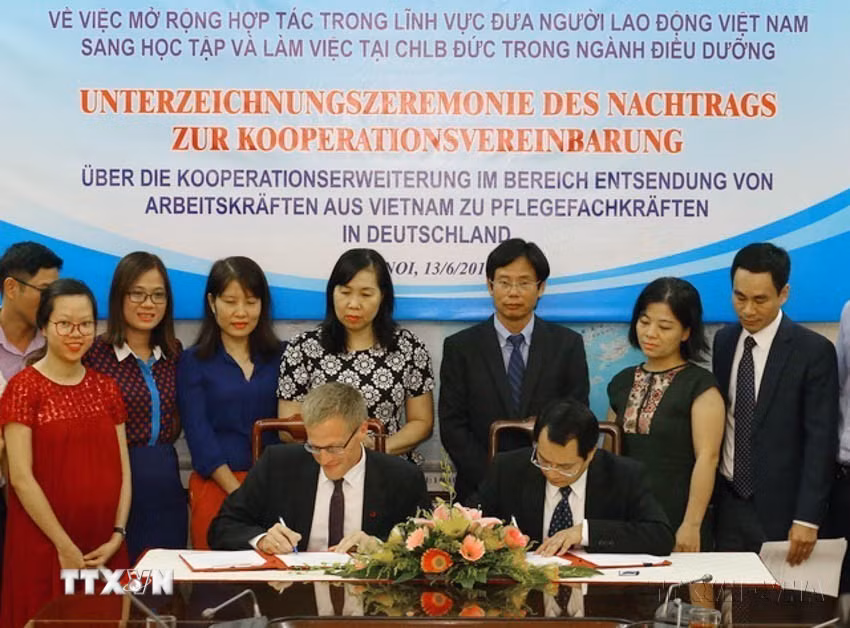 Đức là một trong những nhà viện trợ ODA lớn nhất cho Việt Nam, tập trung vào các lĩnh vực năng lượng, đào tạo nghề gắn với phát triển bền vững và chính sách môi trường. Trong ảnh: Lễ ký Thỏa thuận hợp tác bổ sung về việc mở rộng hợp tác trong lĩnh vực đưa người lao động Việt Nam sang học tập và làm việc tại Cộng hòa Liên bang Đức trong ngành điều dưỡng, ngày 13/6/2017, tại Hà Nội. (Ảnh: Anh Tuấn/TTXVN)