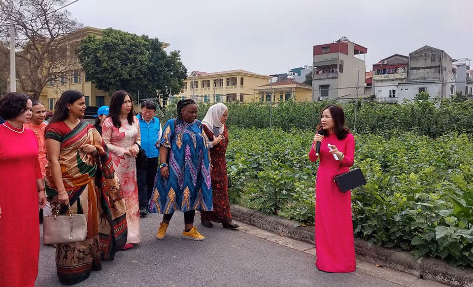 Nhằm tăng cường giao lưu văn hóa đồng thời tạo cơ hội quảng bá ngành nuôi tằm dệt lụa của Việt Nam, ngày 21/3, Bộ Ngoại giao cùng Nhóm Phụ nữ cộng đồng ASEAN tại Hà Nội (AWCH) tổ chức buổi trải nghiệm cho các cán bộ ngoại giao và phu nhân Đại sứ tại Trung tâm Nghiên cứu Dâu tằm tơ Trung ương (VIETSERI). (Ảnh: Minh Thu/Vietnam+)