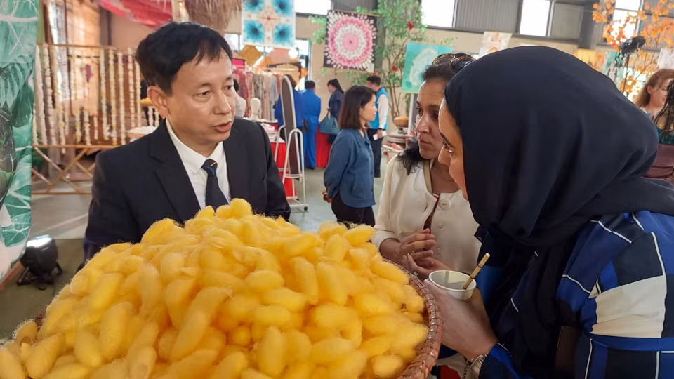 Ông Lê Hồng Vân, Giám đốc Trung tâm Nghiên cứu Dâu tằm tơ Trung ương (VIETSERI) giới thiệu cho các đại biểu về quy trình nuôi tằm. (Ảnh: Minh Thu/Vietnam+)