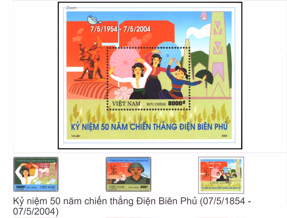 Bộ tem kỷ niệm 50 năm chiến thắng Điện Biên Phủ do nữ họa sỹ Vũ Liên thiết kế, nữ giới xuất hiện chủ yếu trên 3 con tem. Bộ sưu tập của ông Lê Hùng không có bộ tem này. (Ảnh chụp từ VietnamStamp.com.vn).