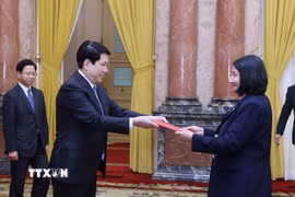 Chủ tịch nước Lương Cường nhận Quốc thư từ Đại sứ Cộng hòa Chile tại Việt Nam Nasly Isabel Bernal Prado. (Ảnh: Lâm Khánh/TTXVN)