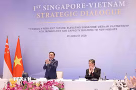 Đồng chí Trần Cẩm Tú, Ủy viên Bộ Chính trị, Thường trực Ban Bí thư cùng Phó Tổng Thư ký Đảng Hành động Nhân dân Singapore, Bộ trưởng Bộ Quốc phòng kiêm Bộ trưởng Điều phối dịch vụ công Chan Chun Sing đồng chủ trì Đối thoại Chiến lược Việt Nam/Singapore lần thứ nhất. (Ảnh: Phương Hoa/TTXVN)