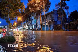 Tuyến đường gần bờ kè sông Tiền (phường Long Châu) bị ngập nước. (Ảnh: Lê Thúy Hằng/TTXVN)