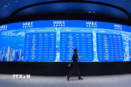 Bảng chỉ số chứng khoán tại tỉnh sàn giao dịch ở Hong Kong (Trung Quốc). (Ảnh: THX/TTXVN)