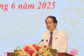 Bí thư Tỉnh ủy, Chủ tịch Hội đồng Nhân dân tỉnh Lào Cai Trịnh Xuân Trường phát biểu bế mạc. (Ảnh: Tiến Khánh/TTXVN)