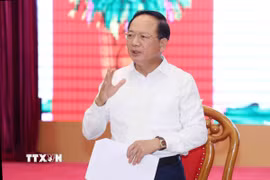 Đồng chí Trịnh Văn Quyết, Ủy viên Bộ Chính trị, Bí thư Trung ương Đảng, Trưởng Ban Tuyên giáo và Dân vận Trung ương phát biểu chỉ đạo buổi làm việc. (Ảnh: Phương Hoa/TTXVN)