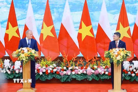 Thủ tướng Lê Minh Hưng và Thủ tướng Cộng hòa Ba Lan Donald Tusk tuyên bố nâng cấp quan hệ Việt Nam-Ba Lan lên Đối tác Chiến lược. (Ảnh: Dương Giang/TTXVN)
