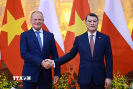 Thủ tướng Lê Minh Hưng và Thủ tướng Ba Lan Donald Tusk chụp ảnh chung trước hội đàm. (Ảnh: Dương Giang/TTXVN)