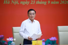 Đồng chí Trần Cẩm Tú, Ủy viên Bộ Chính trị, Thường trực Ban Bí thư, Trưởng đoàn Kiểm tra, giám sát số 221 phát biểu. (Ảnh: Dương Giang/TTXVN)