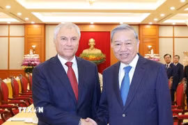 Tổng Bí thư Tô Lâm tiếp Chủ tịch Duma Quốc gia Nga Vyacheslav Volodin. (Ảnh: Thống Nhất/TTXVN)