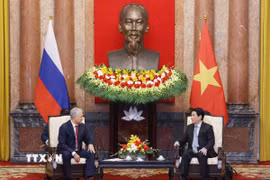 Chủ tịch nước Lương Cường tiếp Chủ tịch Duma Quốc gia Nga Vyacheslav Volodin. (Ảnh: Lâm Khánh/TTXVN)