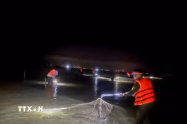 Các lực lượng chức năng phường Móng Cái 3 đồng loạt ra quân thực hiện đợt cao điểm xử lý vi phạm nuôi trồng thủy sản, quyết tâm lập lại kỷ cương không gian biển. (Ảnh: TTXVN phát)
